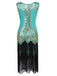 Robe Charleston Vintage Verte Année 20 à Franges Gatsby avec Perles Chic