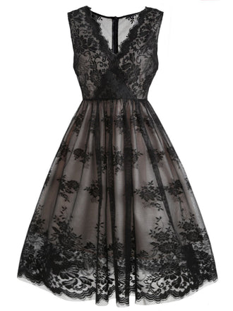 Robe Swing Vintage Année 50 Florale Noire Dentelle Soirée Cocktail Pin Up
