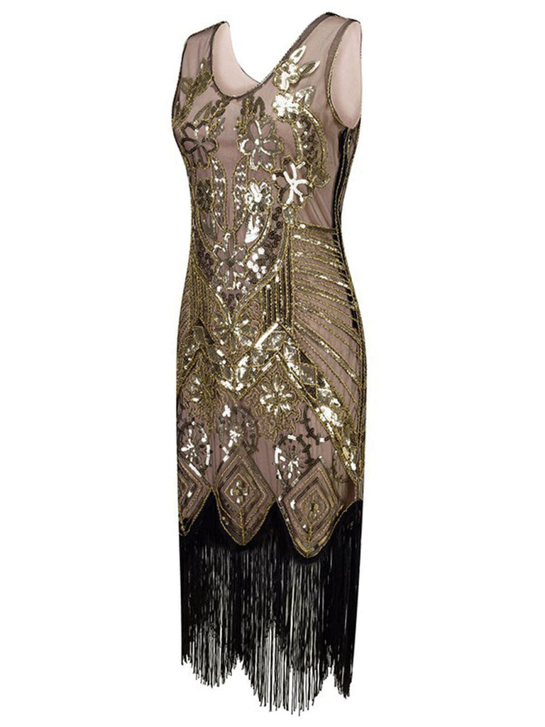 Robe Charleston Vintage Année 20 Gatsby à Fleurs Flapper avec Perles Rose
