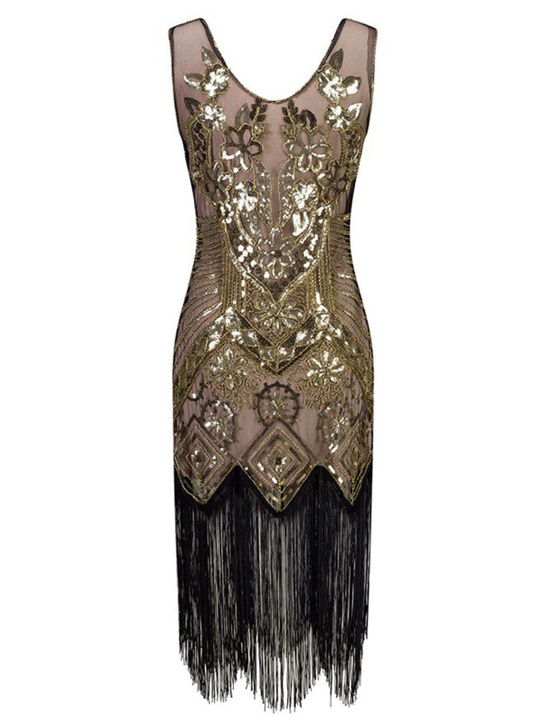 Robe Charleston Vintage Année 20 Gatsby à Fleurs Flapper avec Perles Rose