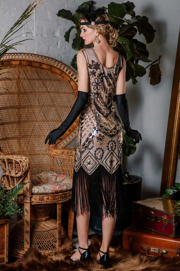 Robe Charleston Vintage Année 20 Gatsby à Fleurs Flapper avec Perles Rose