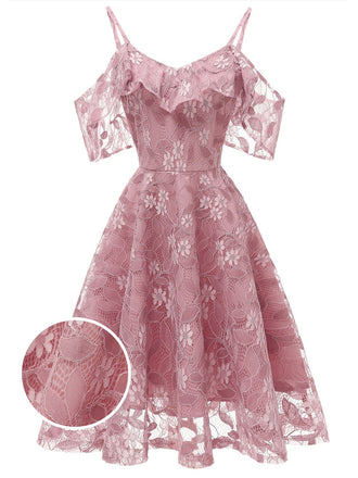 Robe à Bretelle Vintage Rose Année 50 à Volants Dos Nu Dentelle Cocktail