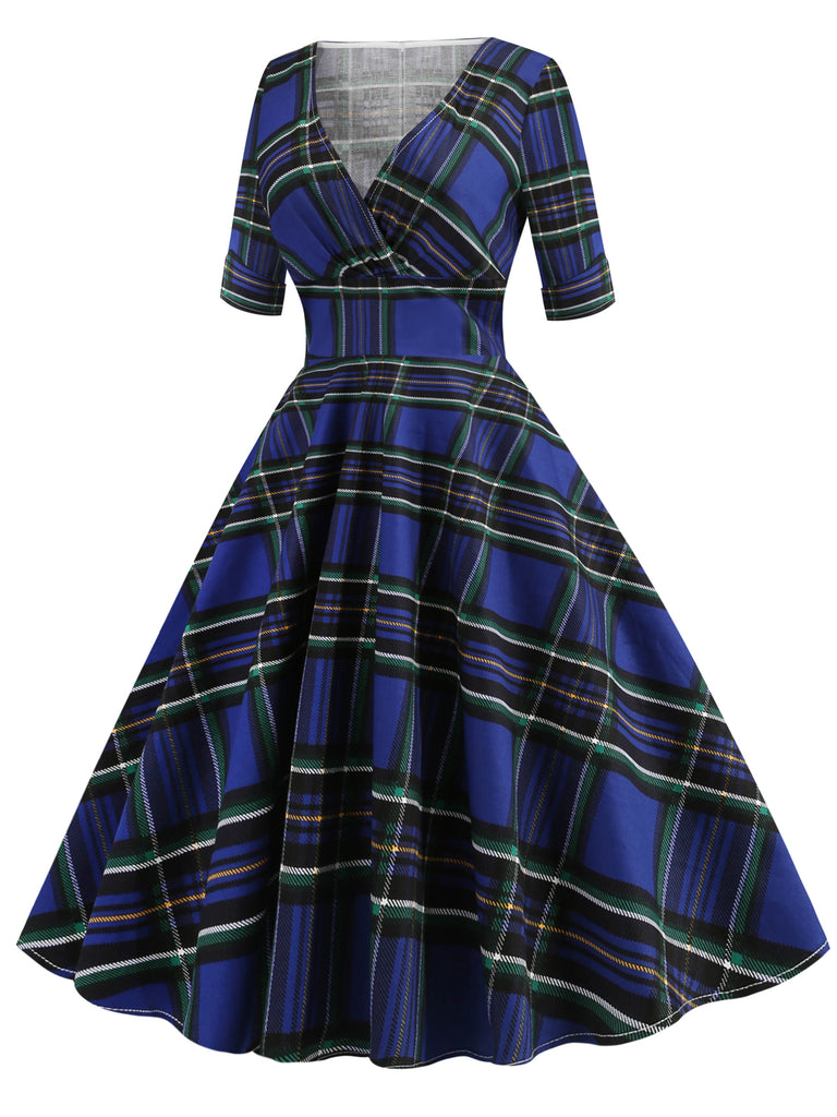 Robe Rockabilly Année 50 Vintage Demi-manches Col V A Carreaux