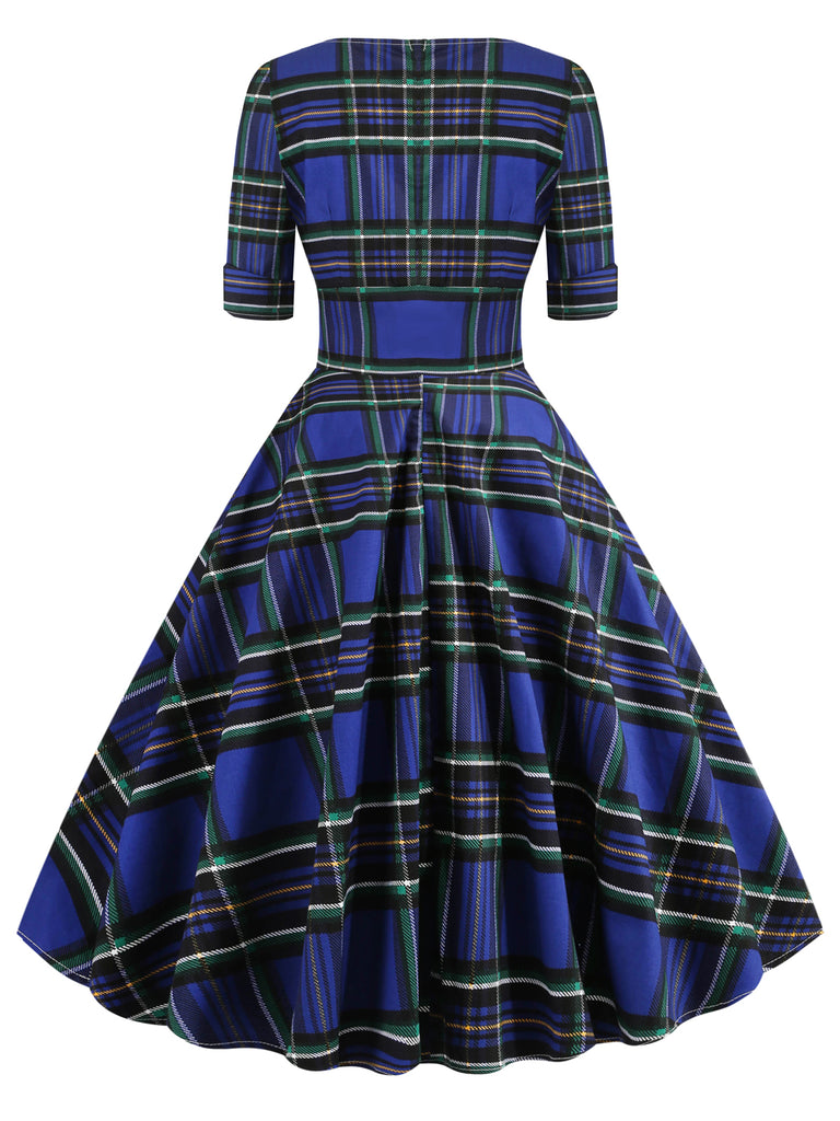 Robe Rockabilly Année 50 Vintage Demi-manches Col V A Carreaux