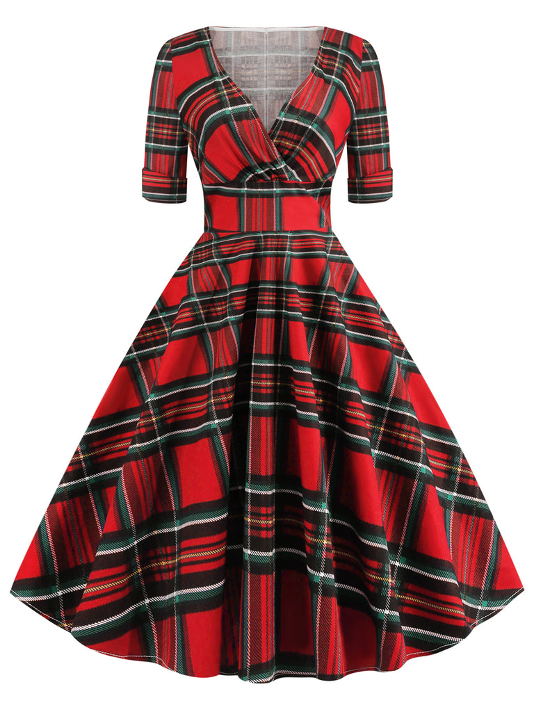 Robe Rockabilly Année 50 Vintage Demi-manches Col V A Carreaux