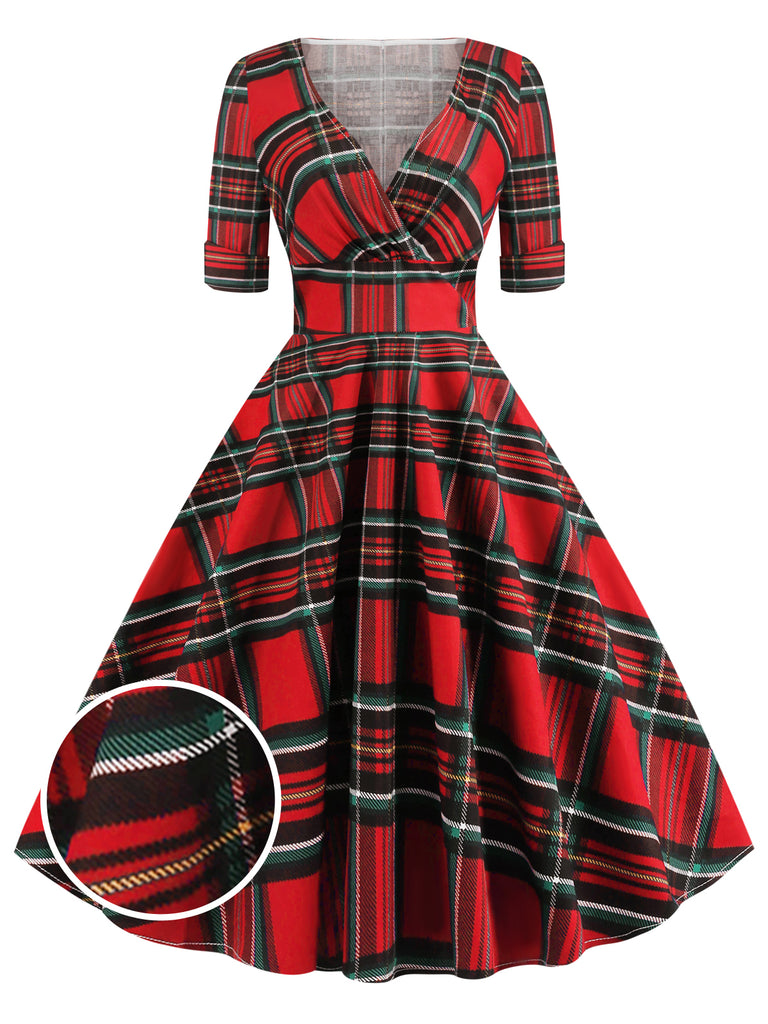 Robe Rockabilly Année 50 Vintage Demi-manches Col V A Carreaux