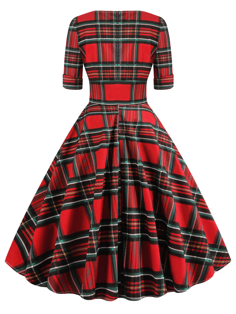 Robe Rockabilly Année 50 Vintage Demi-manches Col V A Carreaux