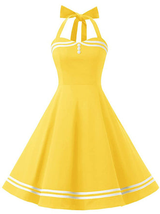 Robe Vintage à Bretelle Années 50 Jaune À Col Licou Chic