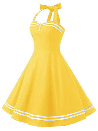Robe Vintage à Bretelle Années 50 Jaune À Col Licou Chic