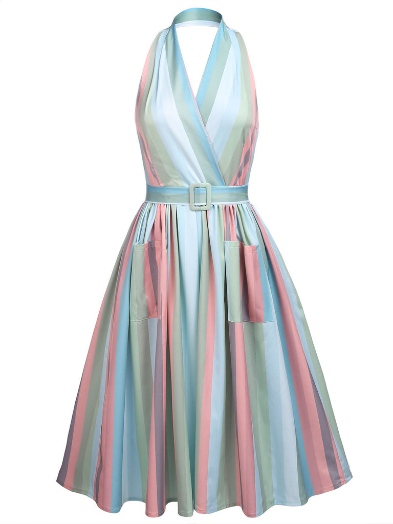 Robe de poche rayée arc-en-ciel à col en V des années 1950