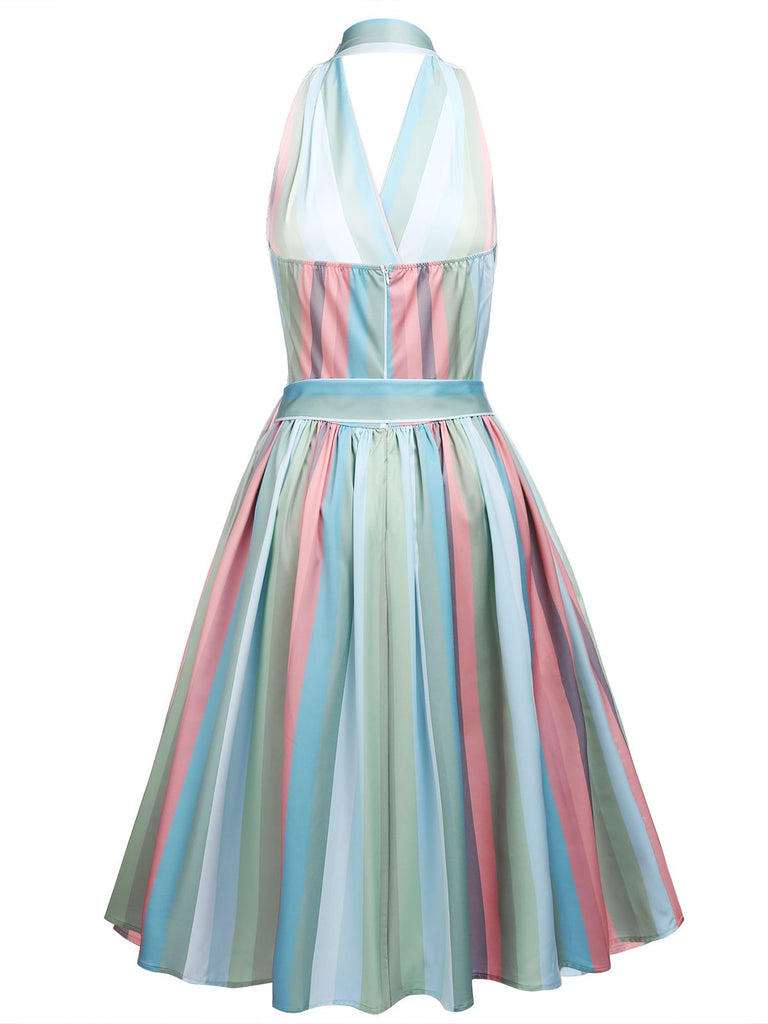 Robe de poche rayée arc-en-ciel à col en V des années 1950