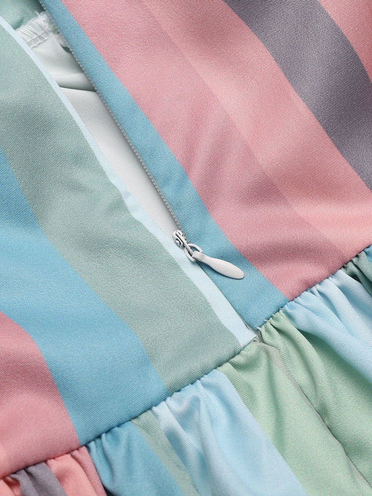 Robe de poche rayée arc-en-ciel à col en V des années 1950