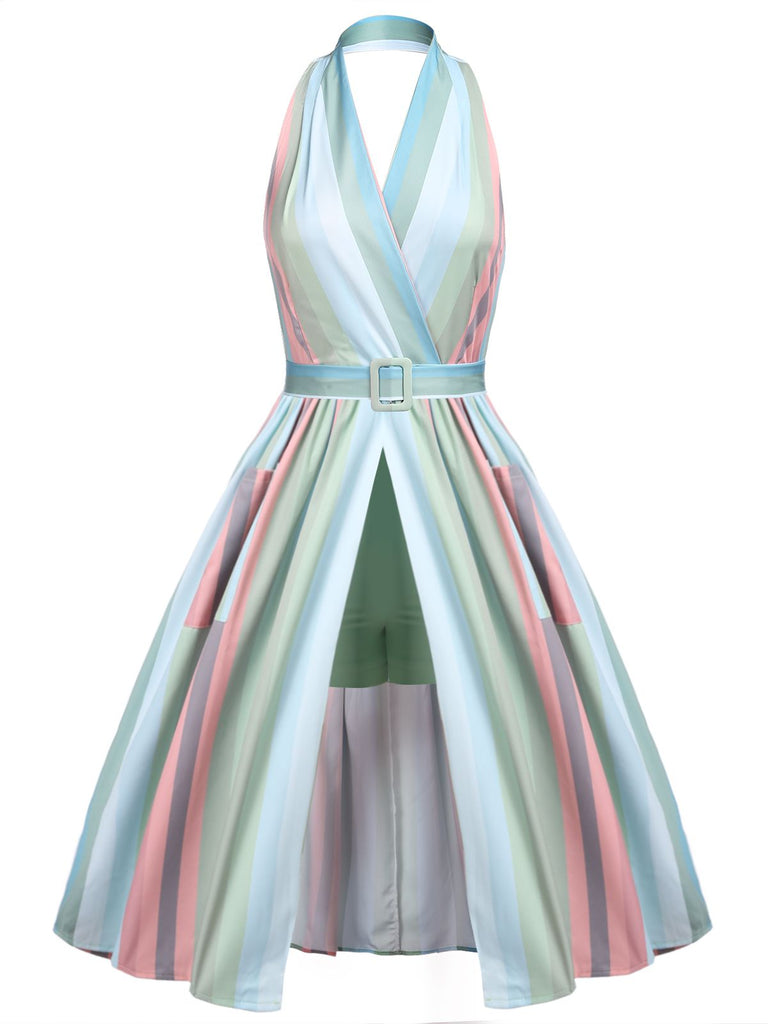 Robe de poche rayée arc-en-ciel à col en V des années 1950