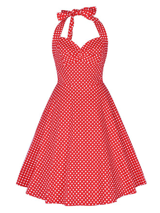 Robe Rouge Vintage à Pois Année 50 À Col Licou Pin Up Cocktail
