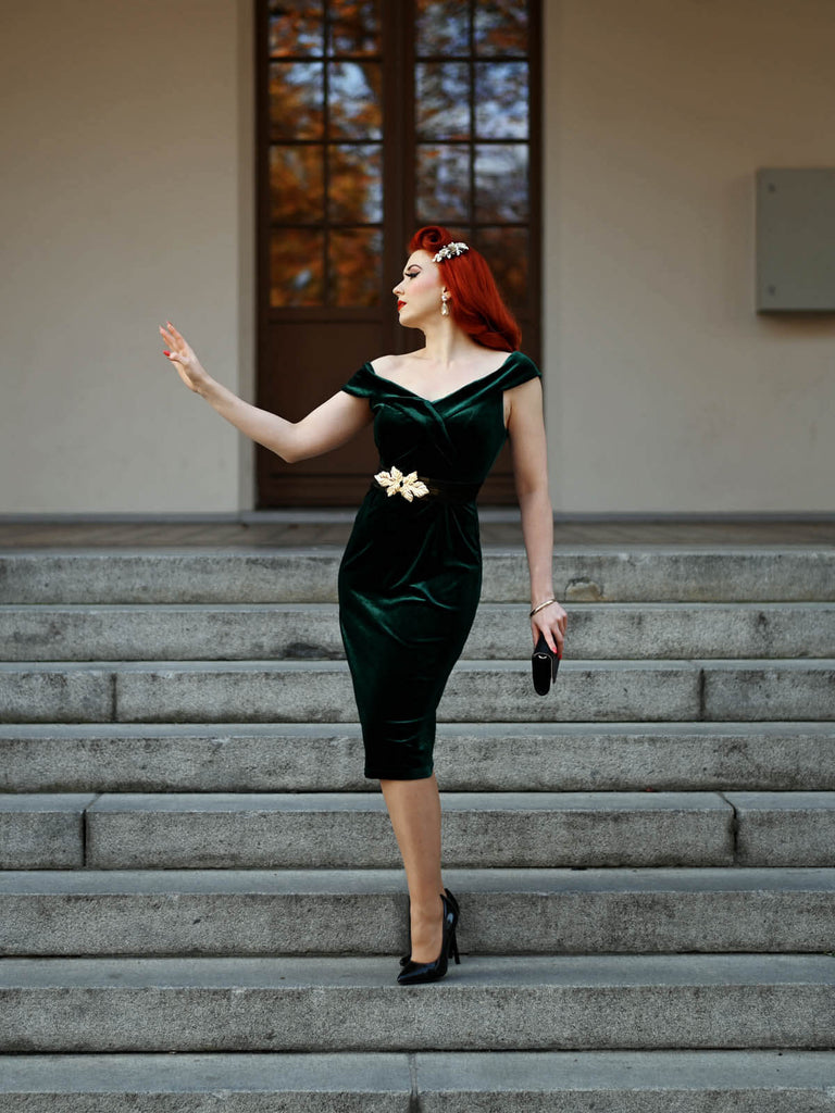 Robe Crayon Vintage Verte Année 60 Solide en Velours