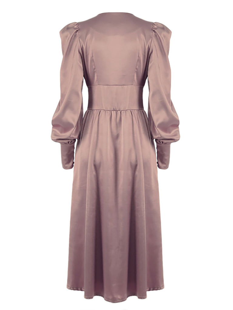 Robe Vintage Année 40 Solide avec Boutons Manches Bouffantes Chic
