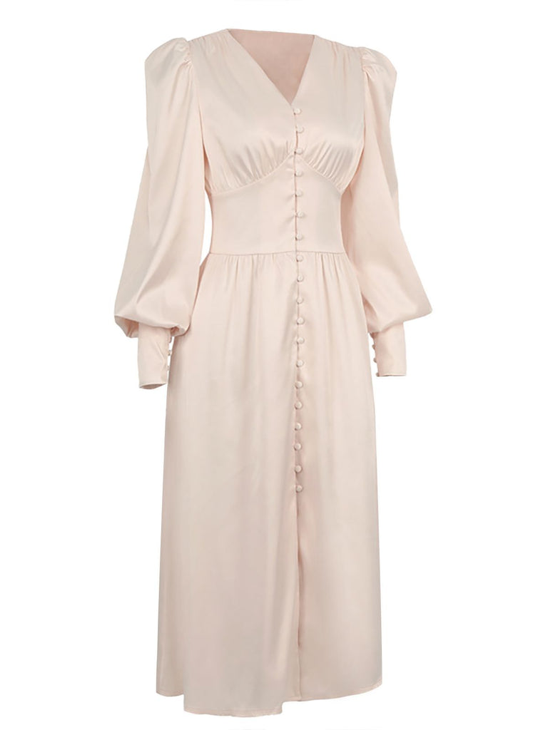 Robe Vintage Année 40 Solide avec Boutons Manches Bouffantes Chic