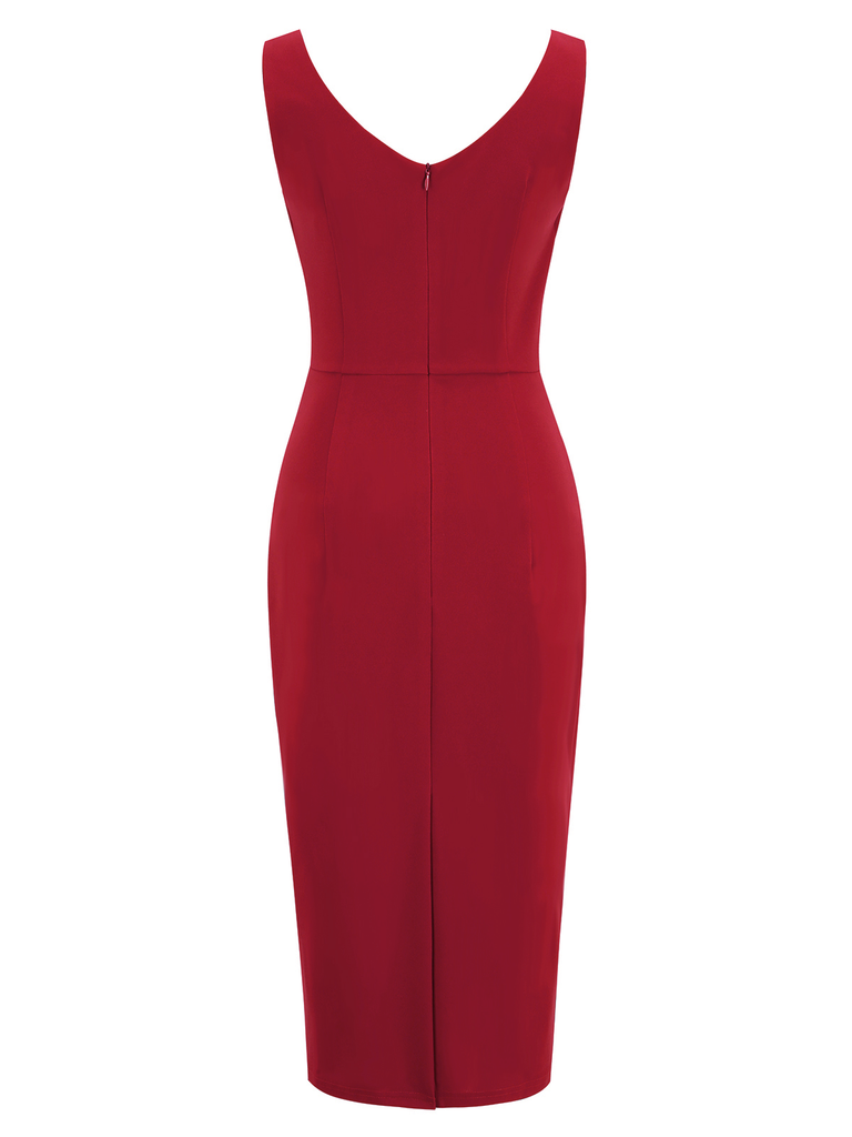 Robe crayon solide rouge des années 1960 à col coeur