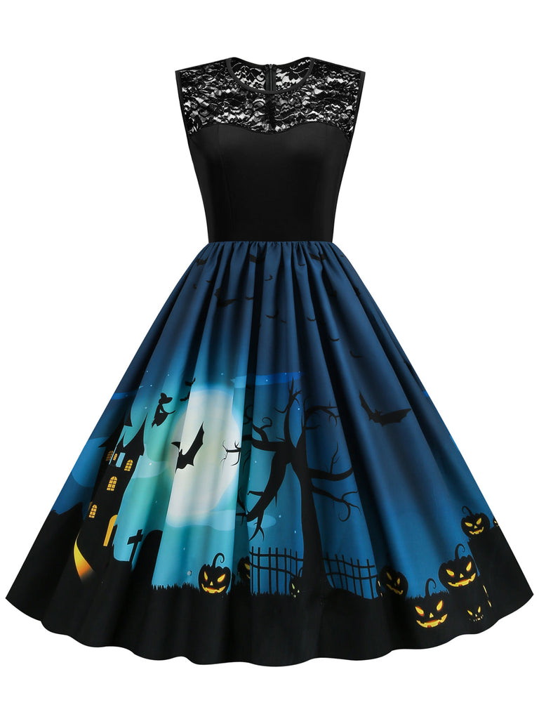 Robe patchwork en dentelle d'Halloween des années 1950 bleu marine