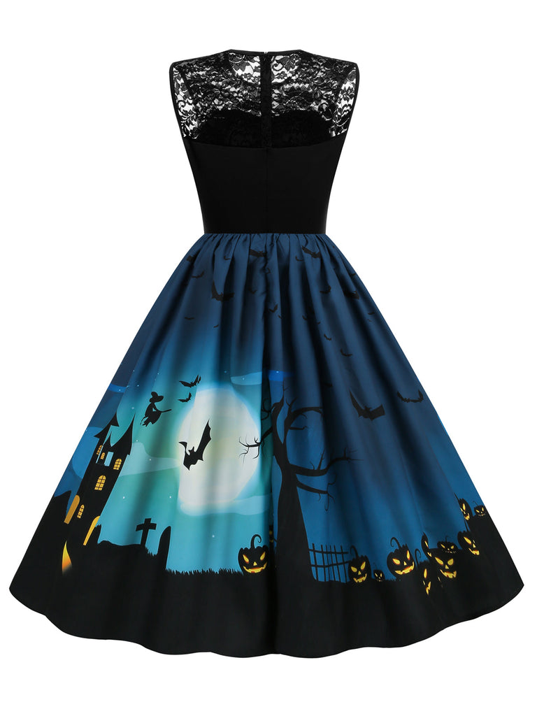 Robe patchwork en dentelle d'Halloween des années 1950 bleu marine