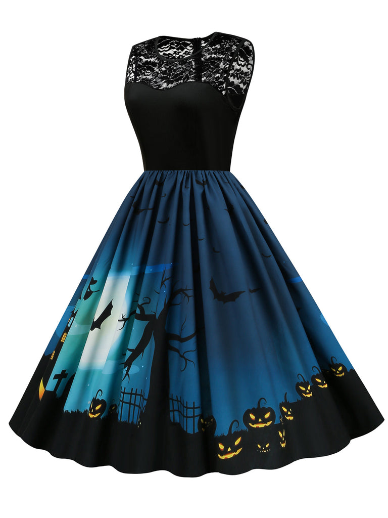 Robe patchwork en dentelle d'Halloween des années 1950 bleu marine