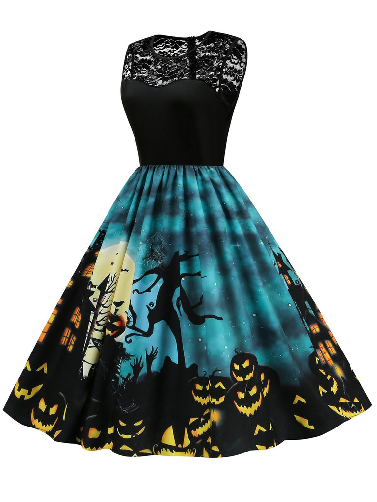 Robe patchwork en dentelle de château d'Halloween des années 1950 bleue