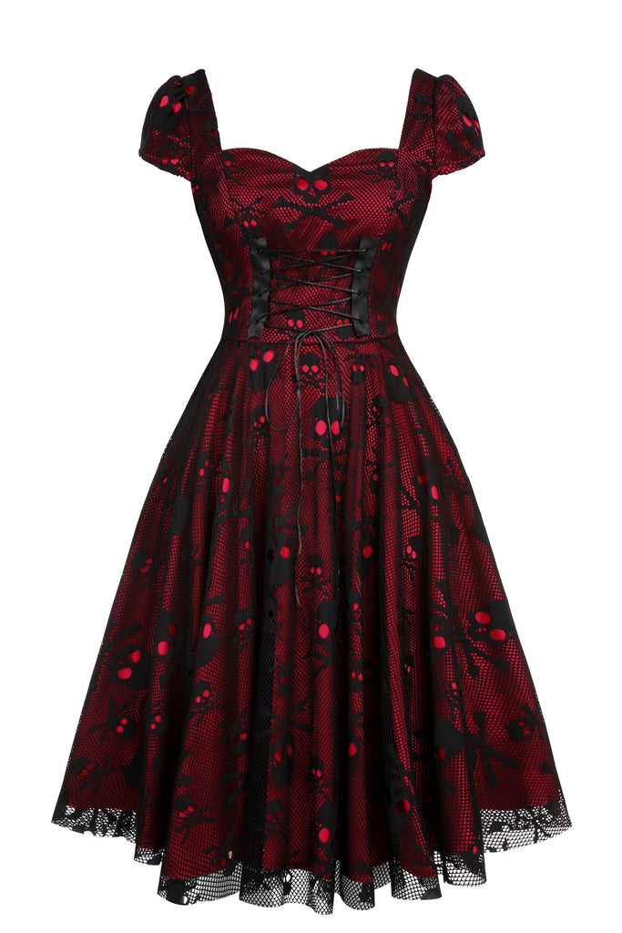 Robe trapèze en maille tête de mort rouge vin des années 1950