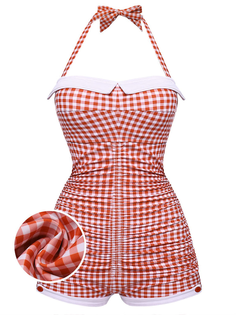 [Grande Taille] Maillot de bain une pièce rouge à carreaux avec nœud papillon