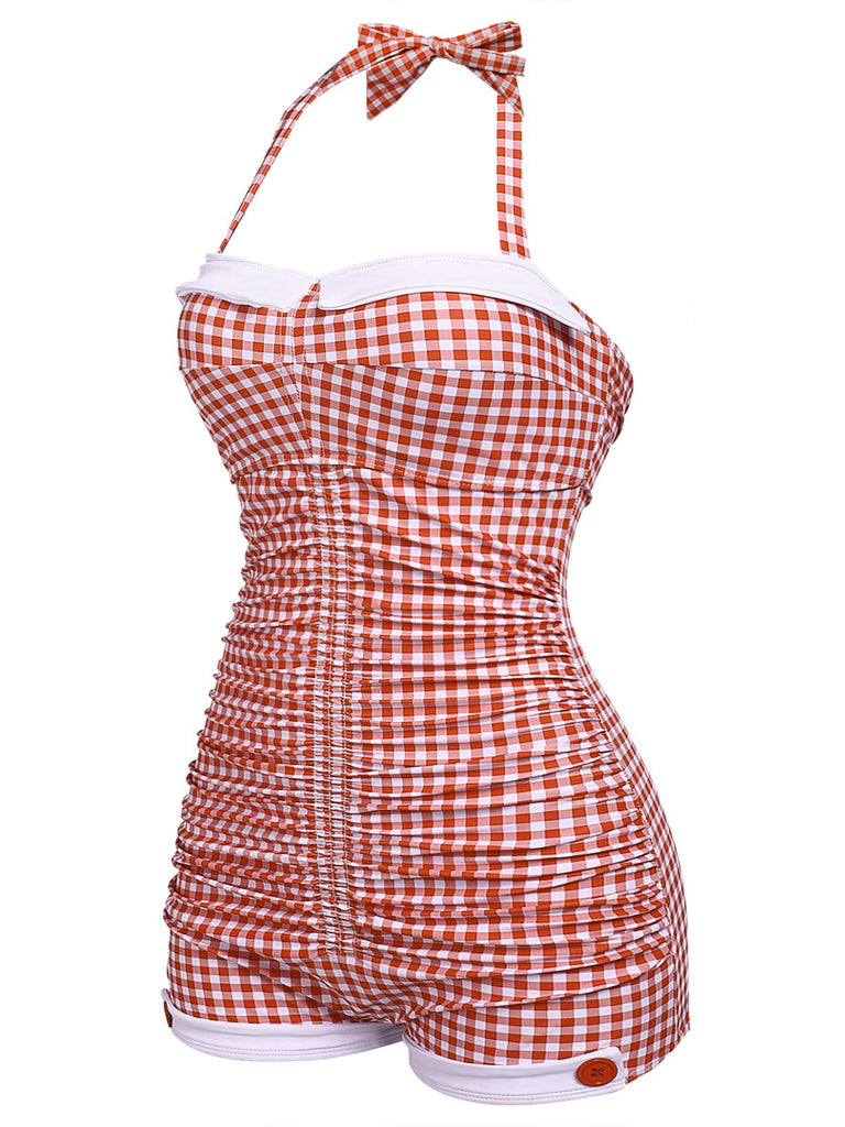 [Grande Taille] Maillot de bain une pièce rouge à carreaux avec nœud papillon