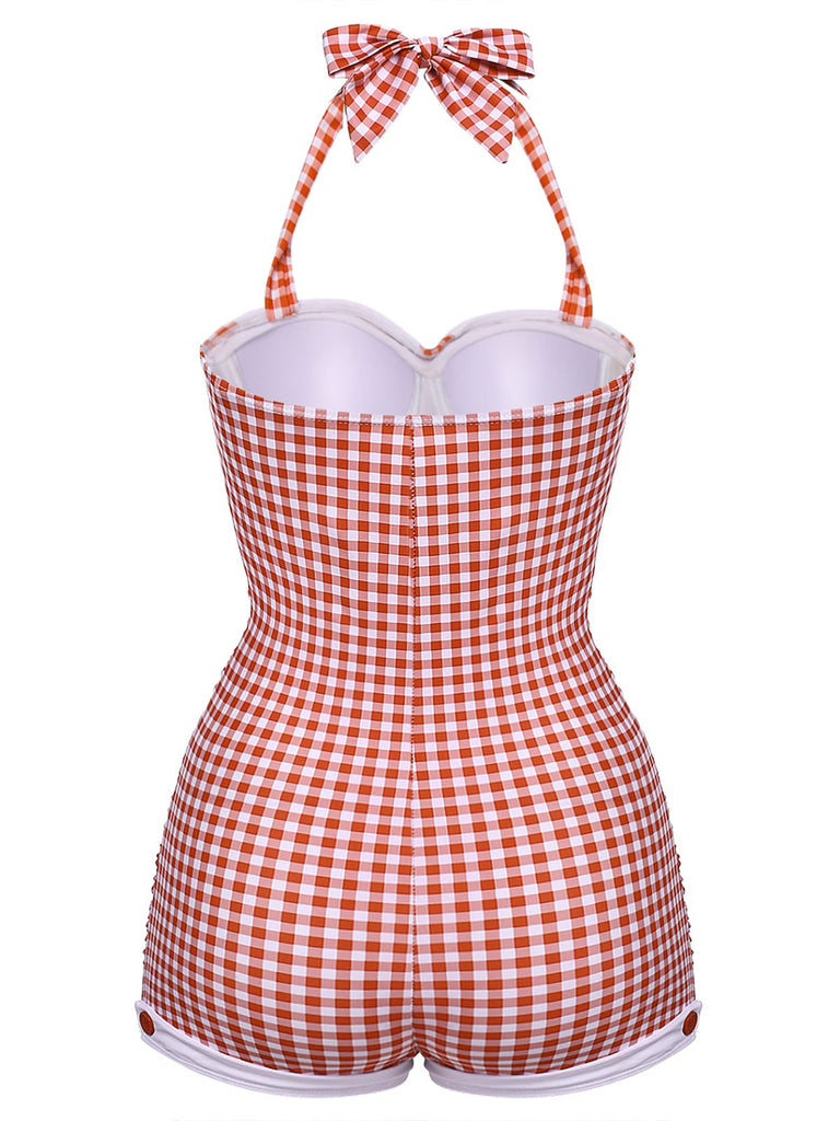 [Grande Taille] Maillot de bain une pièce rouge à carreaux avec nœud papillon