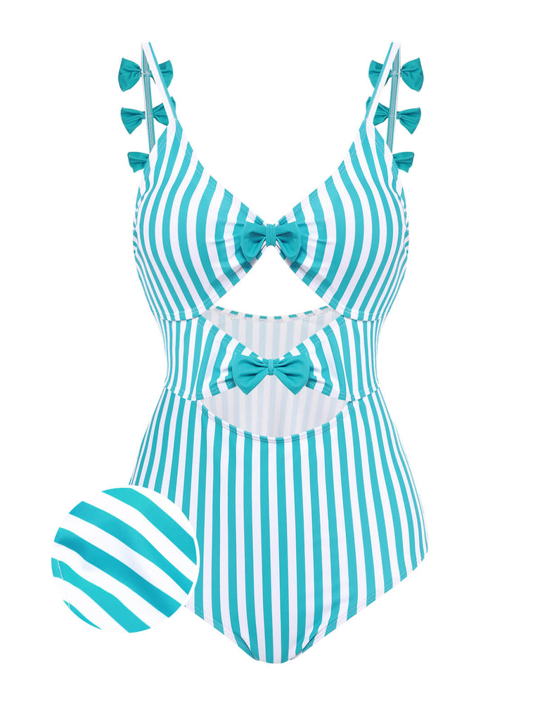 Maillot de bain Une Pièce à Rayures Bleue et Nœud Papillon