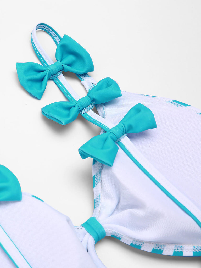 Maillot de bain Une Pièce à Rayures Bleue et Nœud Papillon