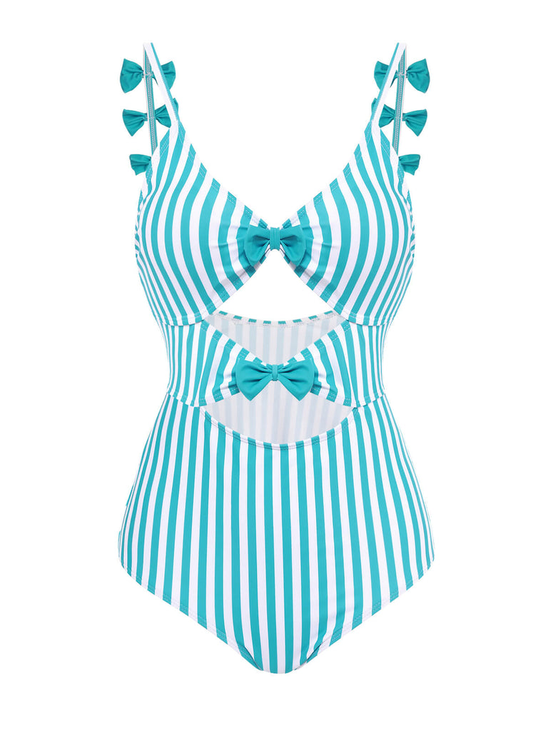 Maillot de bain Une Pièce à Rayures Bleue et Nœud Papillon