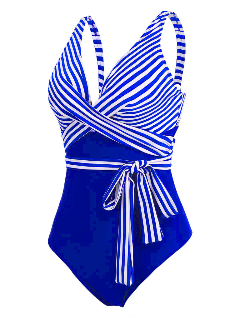 [GRANDE TAILLE] Maillot de bain une pièce patchwork rayé à lacets