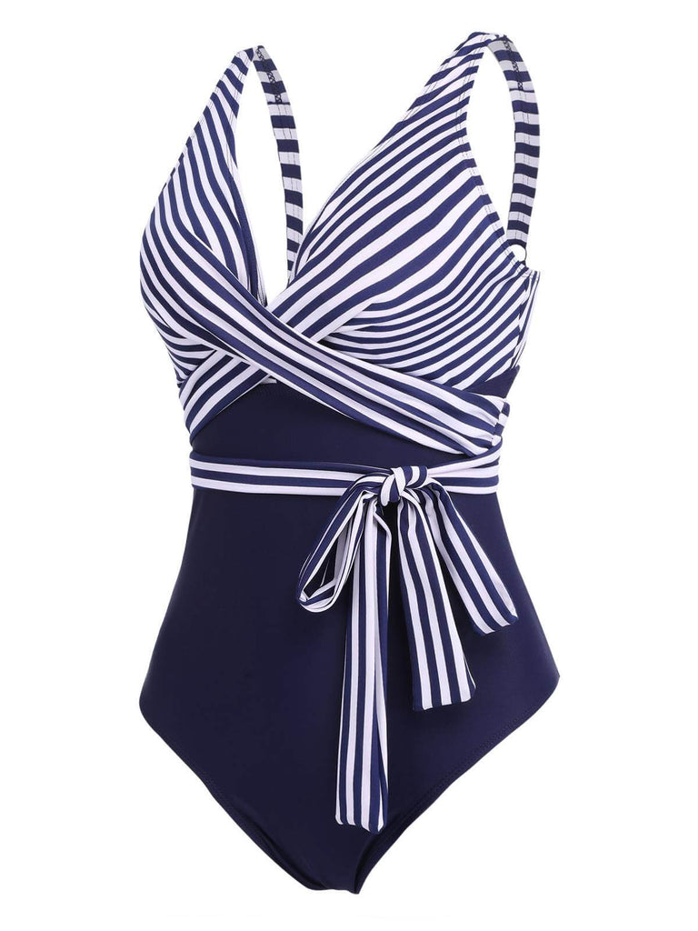 [GRANDE TAILLE] Maillot de bain une pièce patchwork rayé à lacets