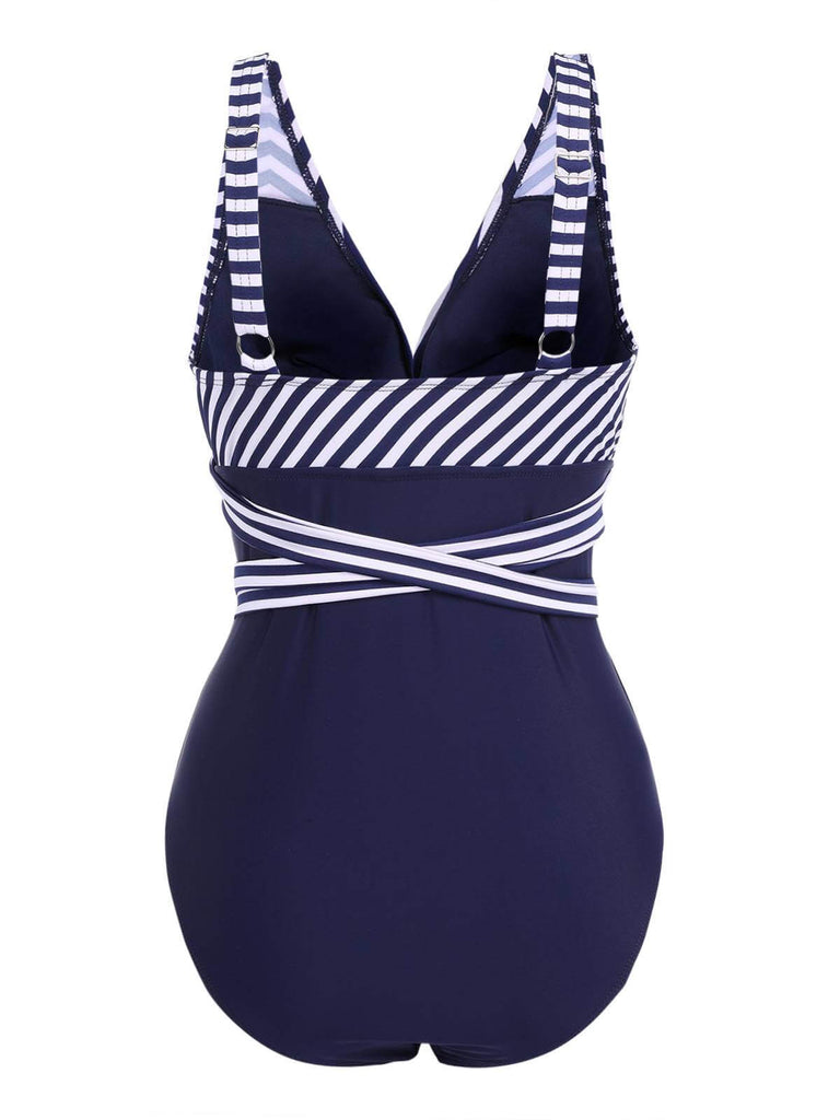 [GRANDE TAILLE] Maillot de bain une pièce patchwork rayé à lacets
