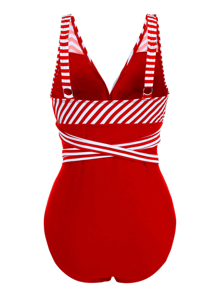 [GRANDE TAILLE] Maillot de bain une pièce patchwork rayé à lacets