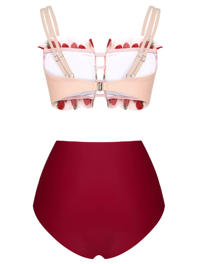 Maillot de bain rouge 1940s à bretelles résille fraise