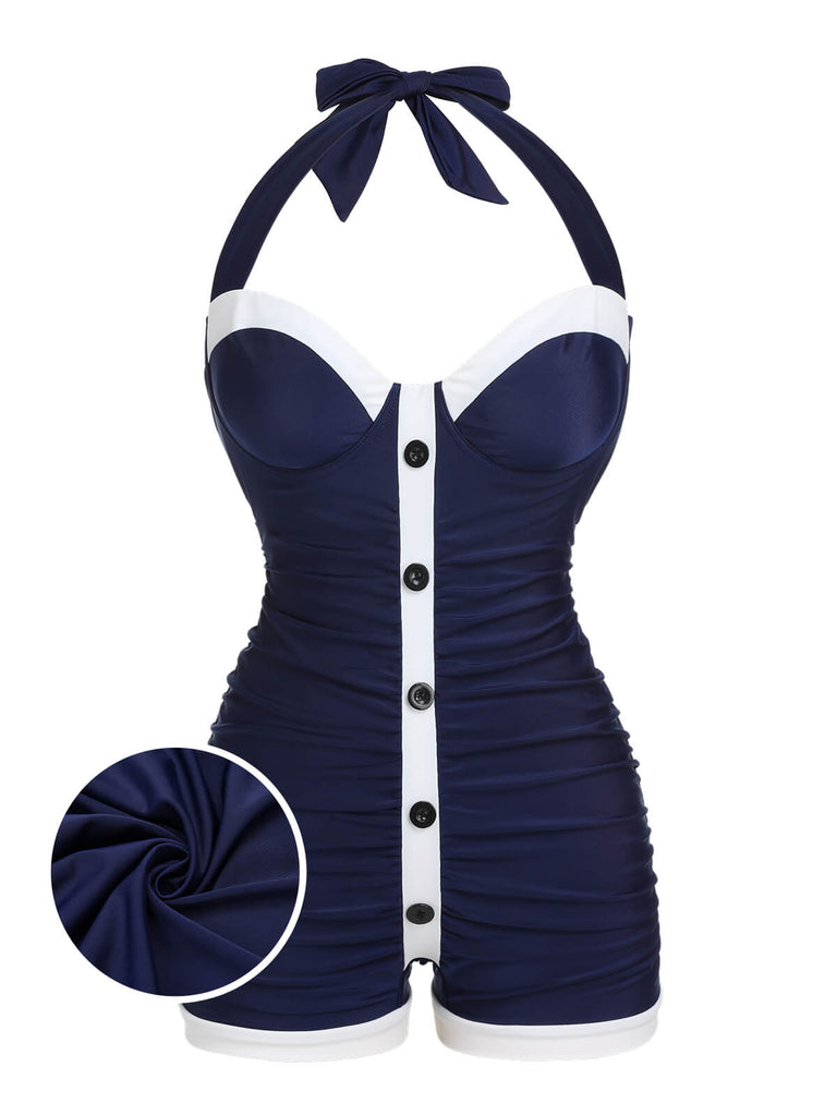 [Grande Taille] Maillot de bain bleu marine à licou plissé années 1950