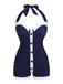 [Grande Taille] Maillot de bain bleu marine à licou plissé années 1950