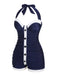 [Grande Taille] Maillot de bain bleu marine à licou plissé années 1950
