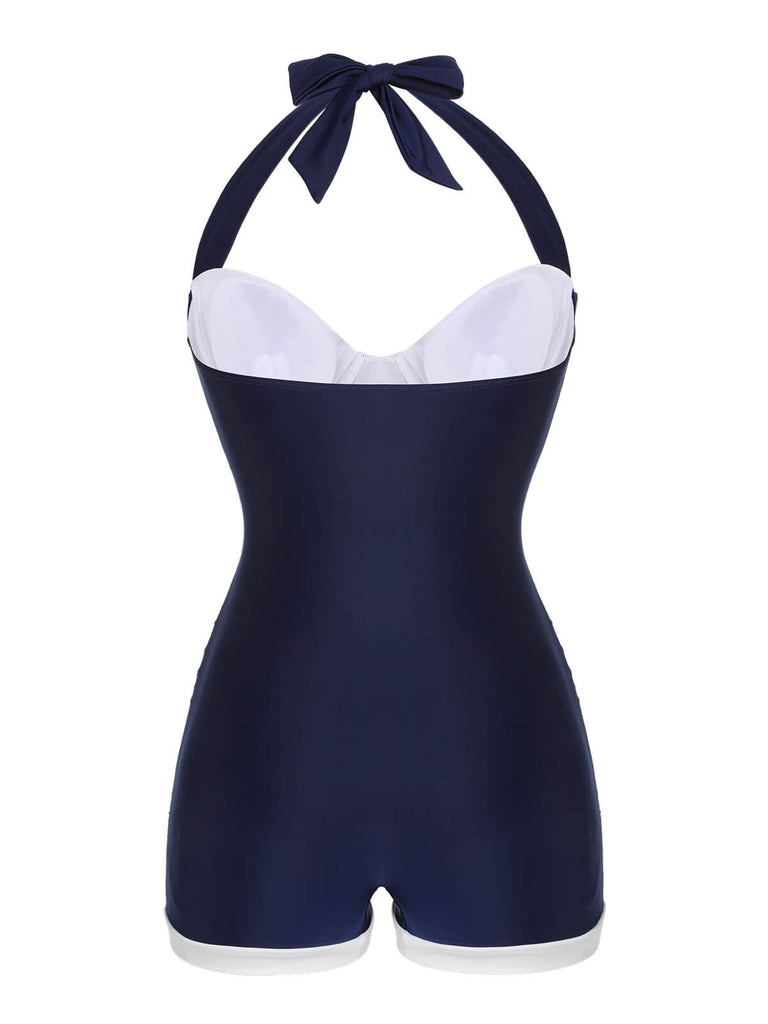 [Grande Taille] Maillot de bain bleu marine à licou plissé années 1950