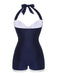 [Grande Taille] Maillot de bain bleu marine à licou plissé années 1950