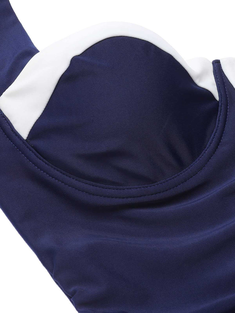 [Grande Taille] Maillot de bain bleu marine à licou plissé années 1950