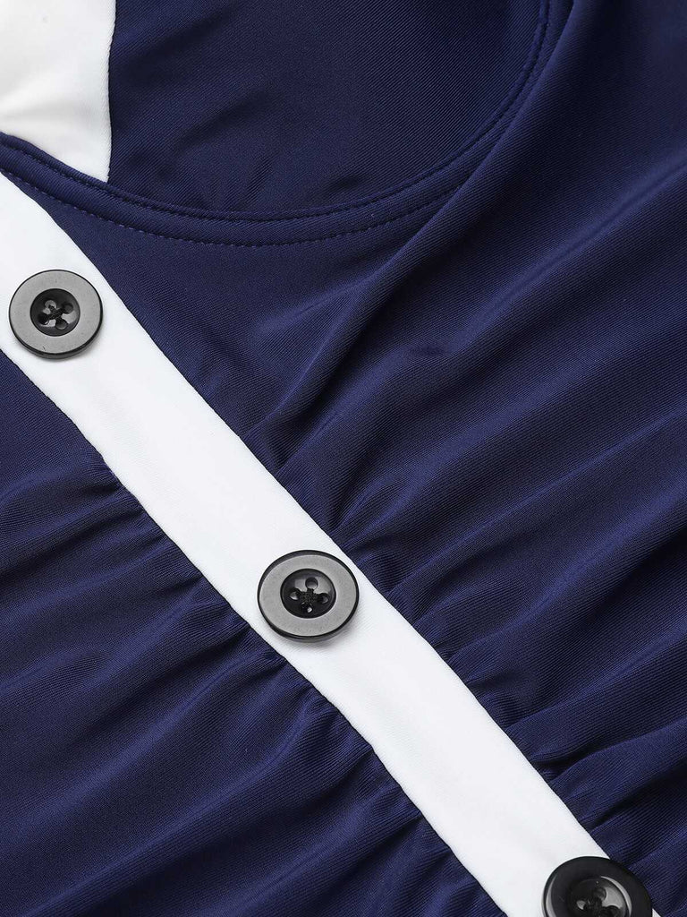 [Grande Taille] Maillot de bain bleu marine à licou plissé années 1950