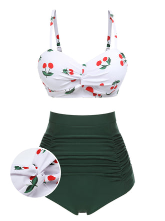 Ensemble de bikini taille haute à bretelles cerises 1950s