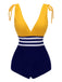 Maillot de bain rayé jaune et bleu années 50 à lacets