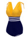 Maillot de bain rayé jaune et bleu années 50 à lacets