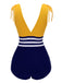 Maillot de bain rayé jaune et bleu années 50 à lacets