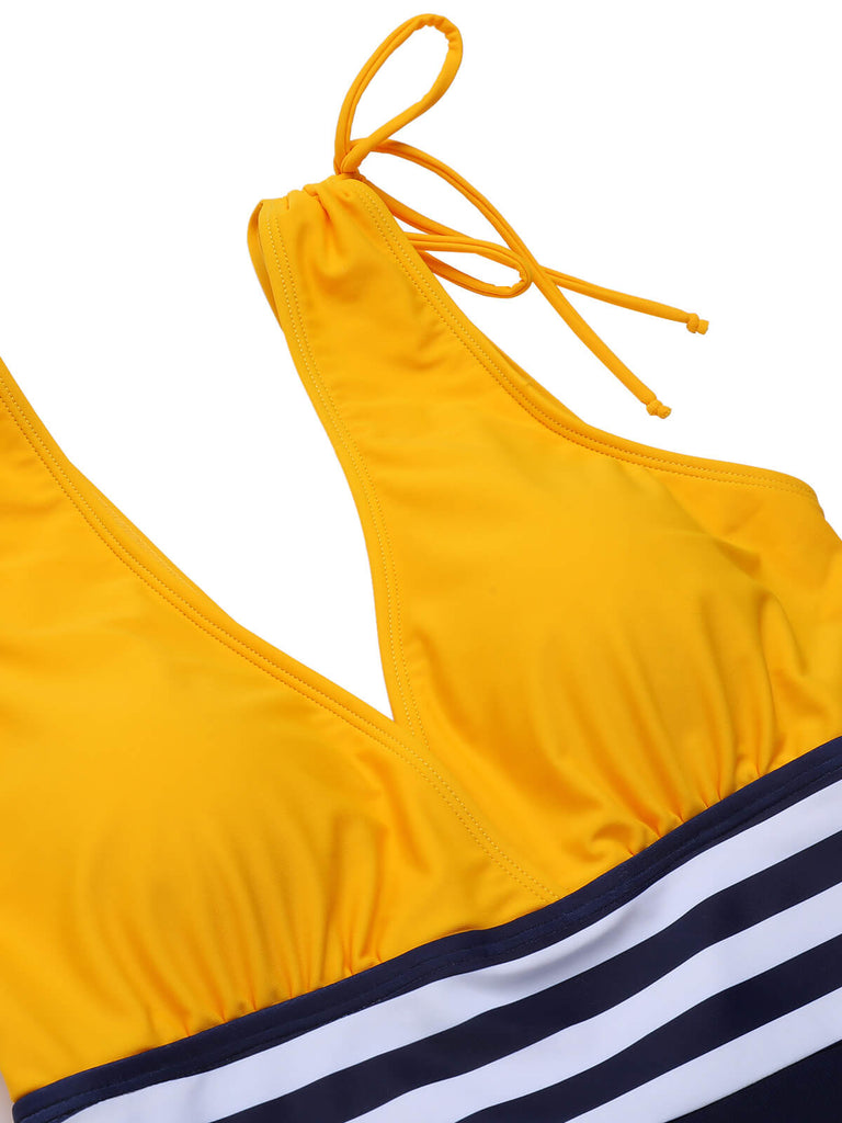 Maillot de bain rayé jaune et bleu années 50 à lacets